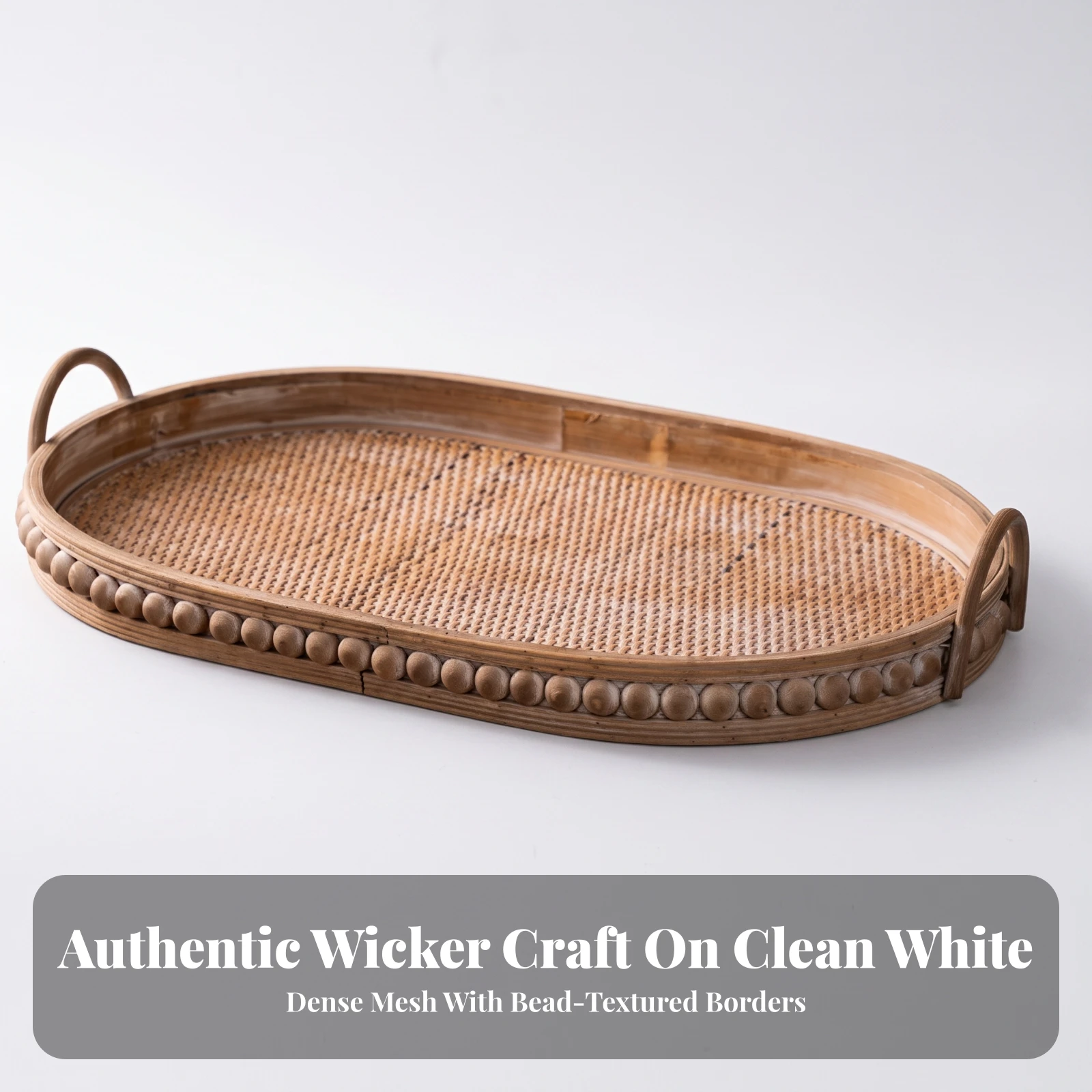 Oval Woven Tray with Handles Handwoven Woven Serving Tray with Beads Rustic Eco-Friendly for Desktop Storage, Tea Corner