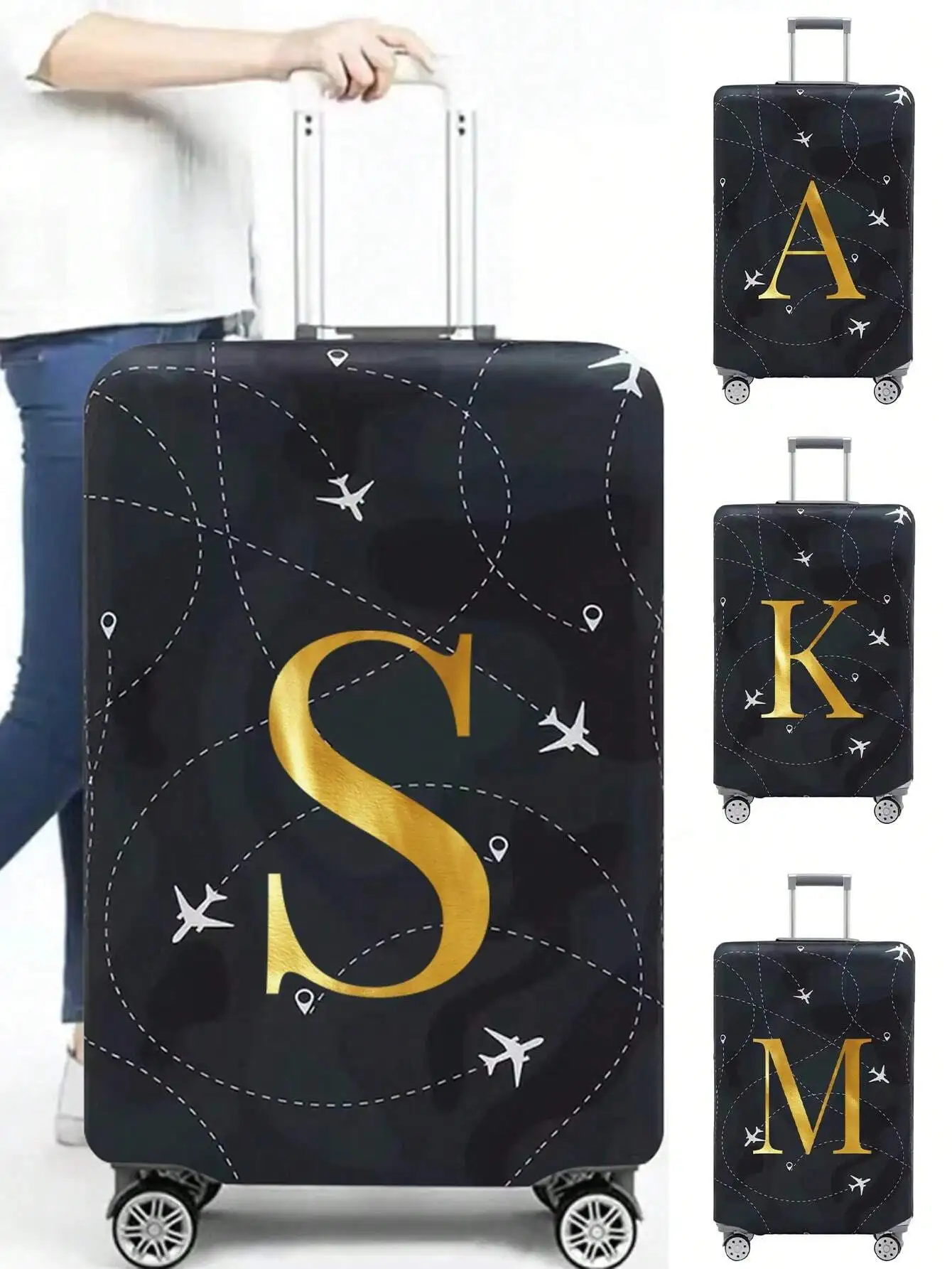 

Черный чехол для багажа с золотой монограммой и дизайном в виде карты мира, эластичный пылезащитный чехол для чемоданов 18-32 дюймов