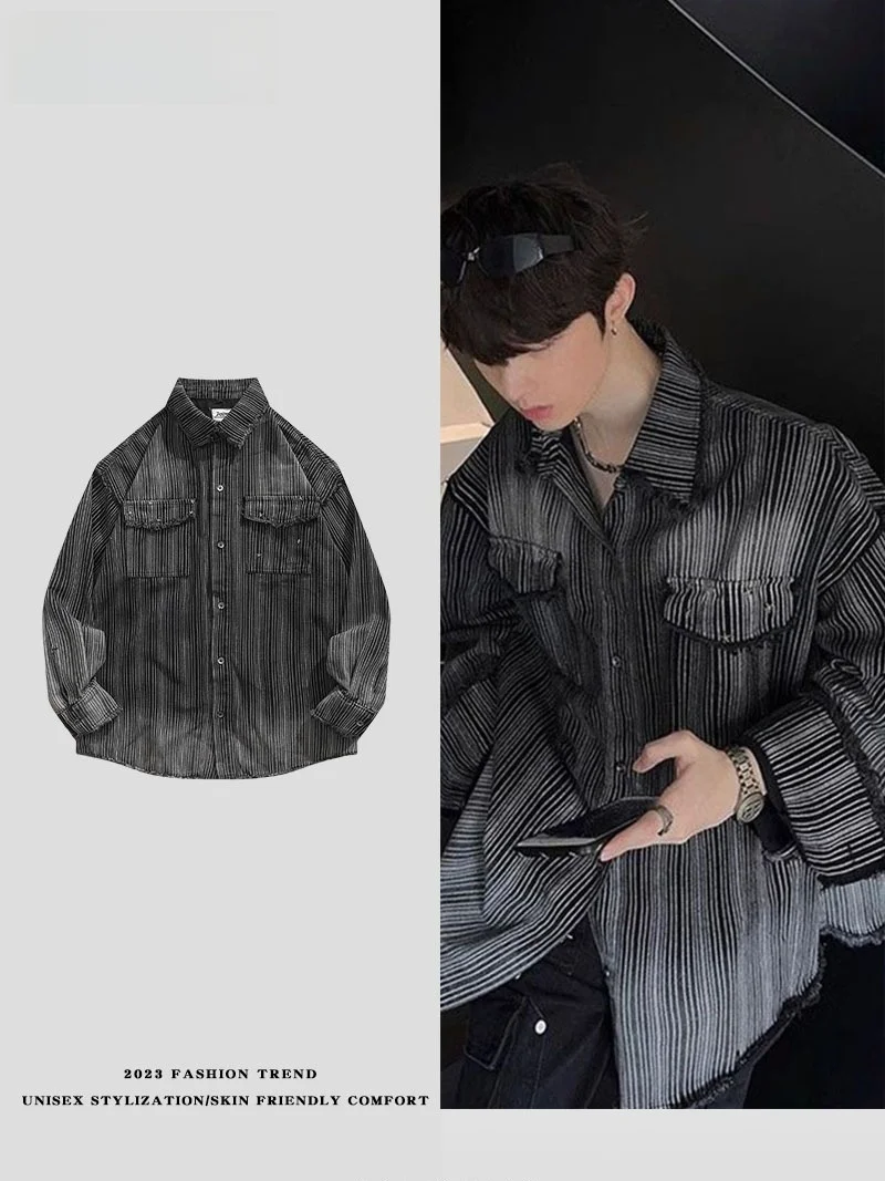 

Retro American adient Frayed Striped Denim Jaet Men's Dyed irt Jaet Waed out Casual Busin Leisure Long Sve