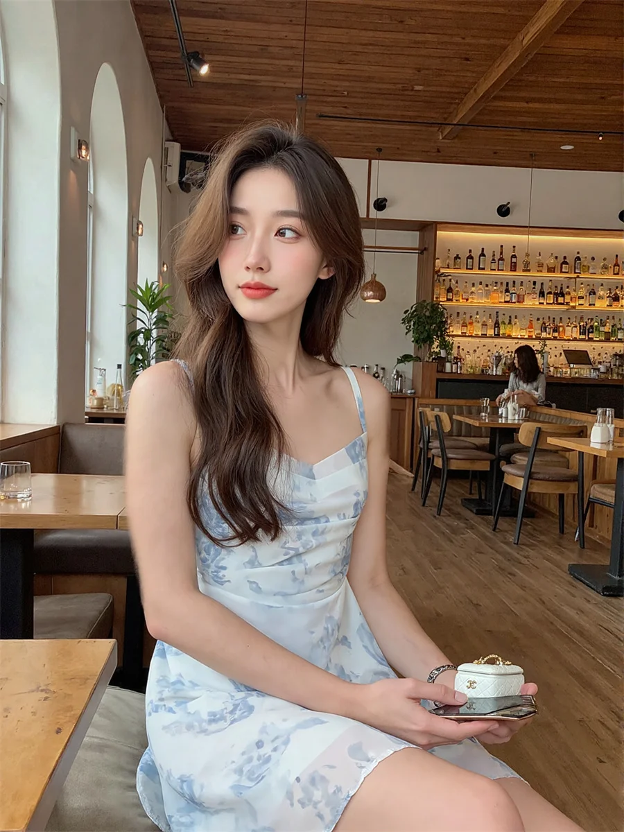 Floral mini chiffon céu azul vestidos feminino bolo plissado cordão em camadas artístico único moderno feminino chique applique retalhos