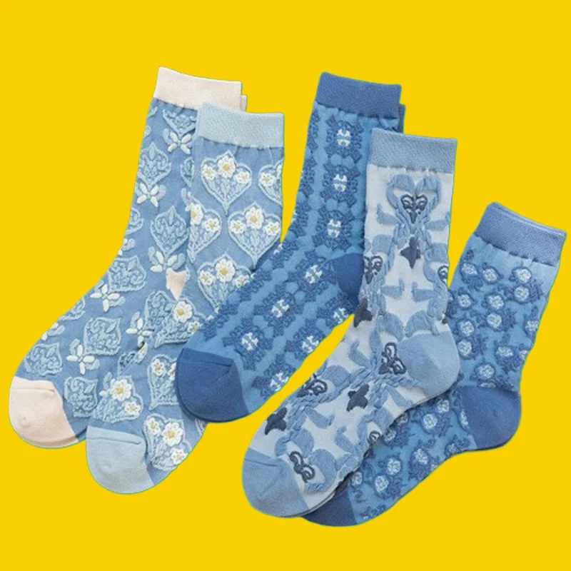 Chaussettes à tube haut pour femme, style fleur, mi-tube, mode rétro, plante tridimensionnelle, haute qualité, 5/10 paires