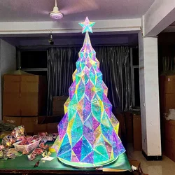 2024 New Arrivals Colorful Rainbow Holographic PET luminous foldable  LED Christmas Tree For Wedding Decoration