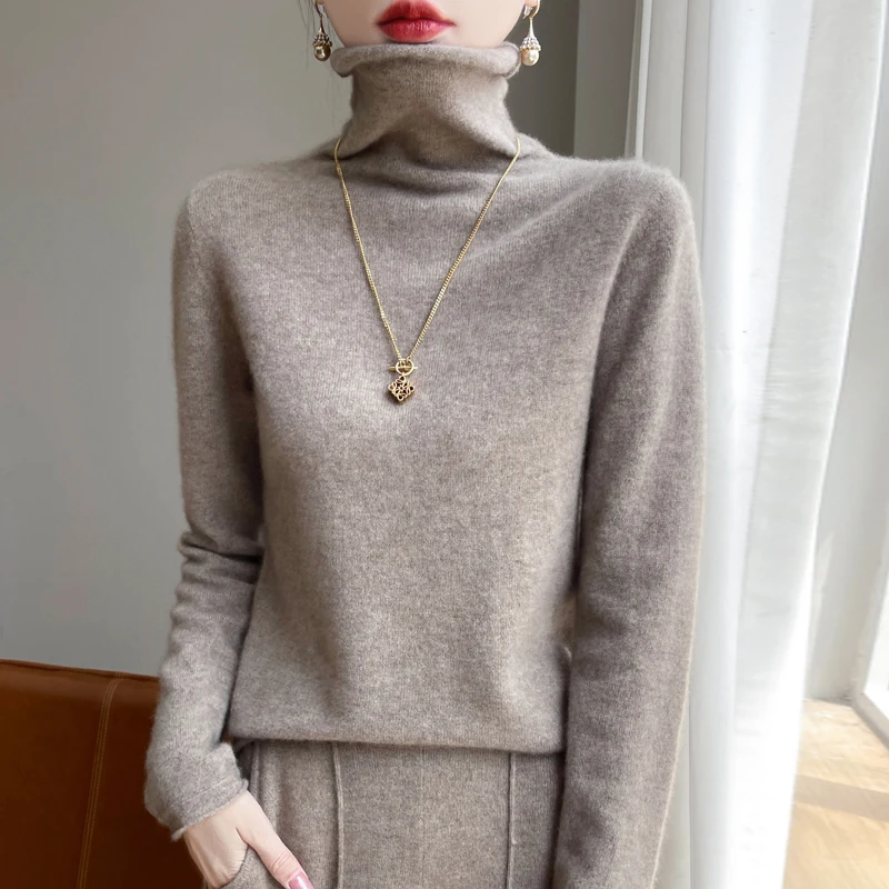 Autumn Winter 100% Wool Turtleneck Sweater Women Elegent Sweater Solid Color Long Sleeve Top Fashion Knit Female Pullover Jumper