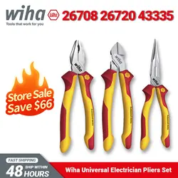 Wiha Tool Set 26708 Combination Pliers and 26720 Insualted Needle Nose Pliers and 43335 Diagonal Pliers 1000V VDE Tools