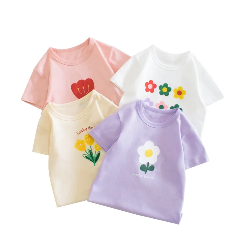 2024 Korean Summer Flower Short Sleeve T-shirts For Girls 2-8 Years Cotton Toddler Girl Tops Baby Girl Tees Clothes