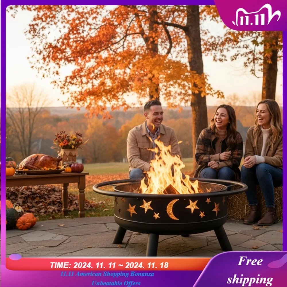 

32-дюймовая круглая древесная костра с сетчатой крышкой, костра, вырезами в виде звезды и луны, металлическая уличная костра для патио, заднего двора