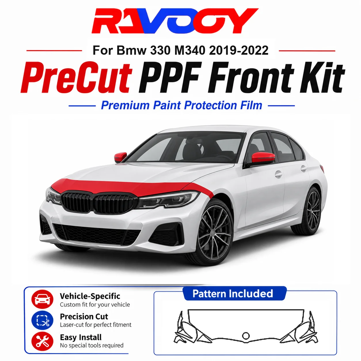 

8.5mil TPU Precut PPF Kit For BMW 330 M340 2019-2022 - Hood, Fenders & Mirror Set - Self-Healing Clear Bra Film