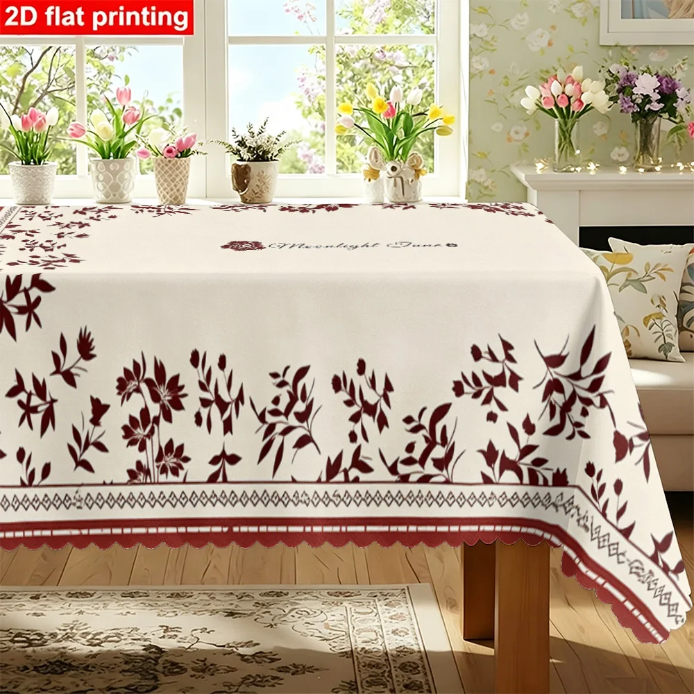1PC Rectangular Tablecloth with a Dark Floral Pattern on a Cream Background, Made of Durable Fabric for Parties, Picnics and Hom