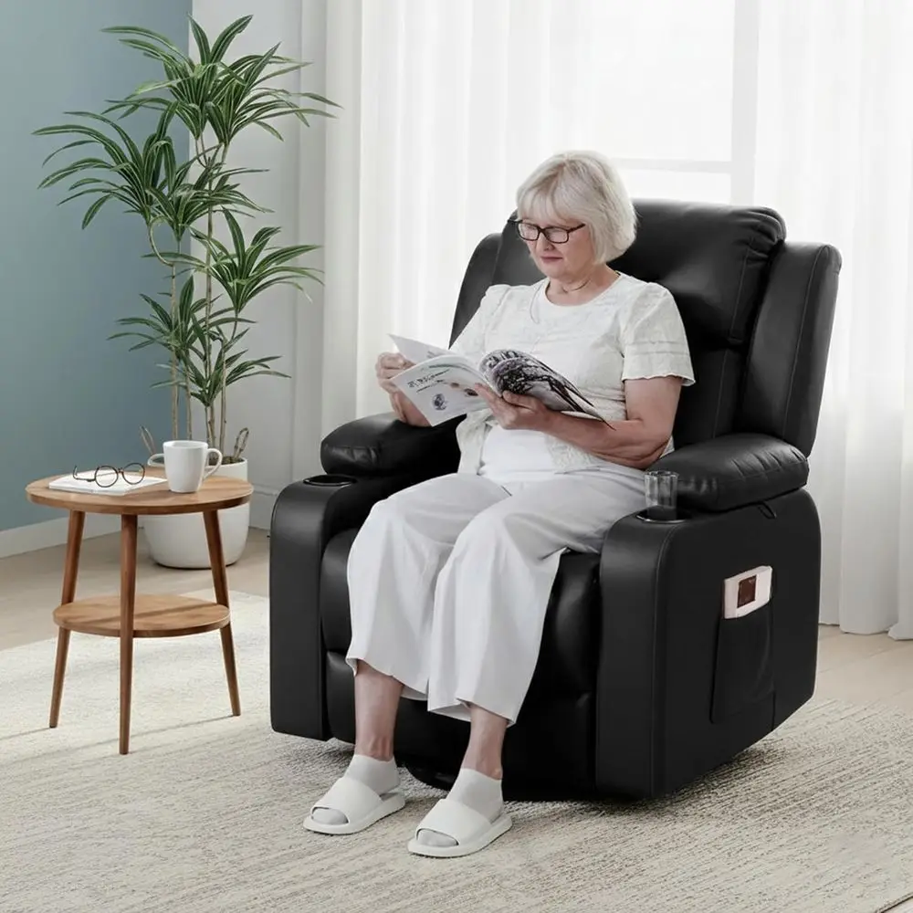 XL31 Power Lit Recliner Chair or Elderly, Electric Lit Chair with Massage & Heat, PU Leather Reclining Soa w/Cup Holders, Side k