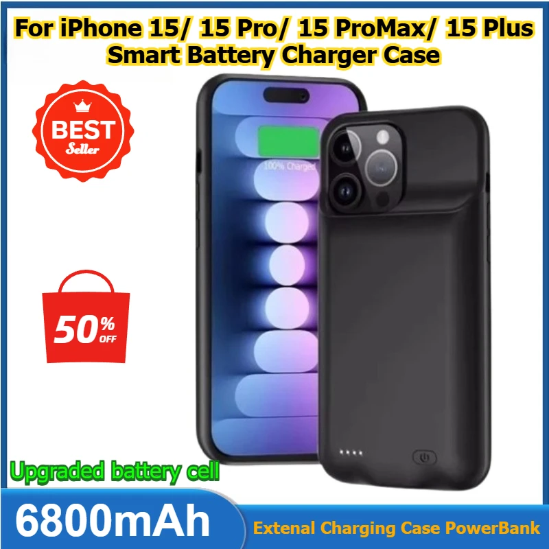 

6800mAh Smart Battery Charger Case for IPhone 15 Pro Max 15 Plus Power Case Extenal Battery Charging Case PowerBank