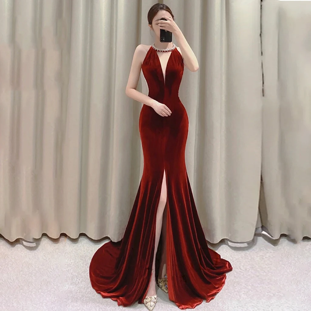 Velvet Elegant Evening Dresses Burgundy Halter Tassel Applique Sexy Backless Mermaid Diamond Split Party Bridal Toast Prom Gowns