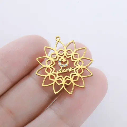 Islamic Moon Star Lotus Mandala Pendant CZ Stone Muslim Religious Charm for Islamic Spiritual Jewelry Necklace Component