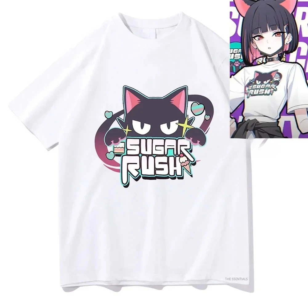 Blue Archive Kazusa Sugar Rush Graphic T Shirt Anime Cat Girl Print Cotton T-shirt Japanese Mobile Game Fan Y2K Streetwear Tee