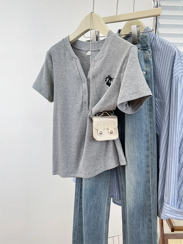 Slimming Pure Cotton V-Neck Short Sleeve T-Shirt Korean Style Commute Women's Casual Fashion Top Quality Comfortable Cotton