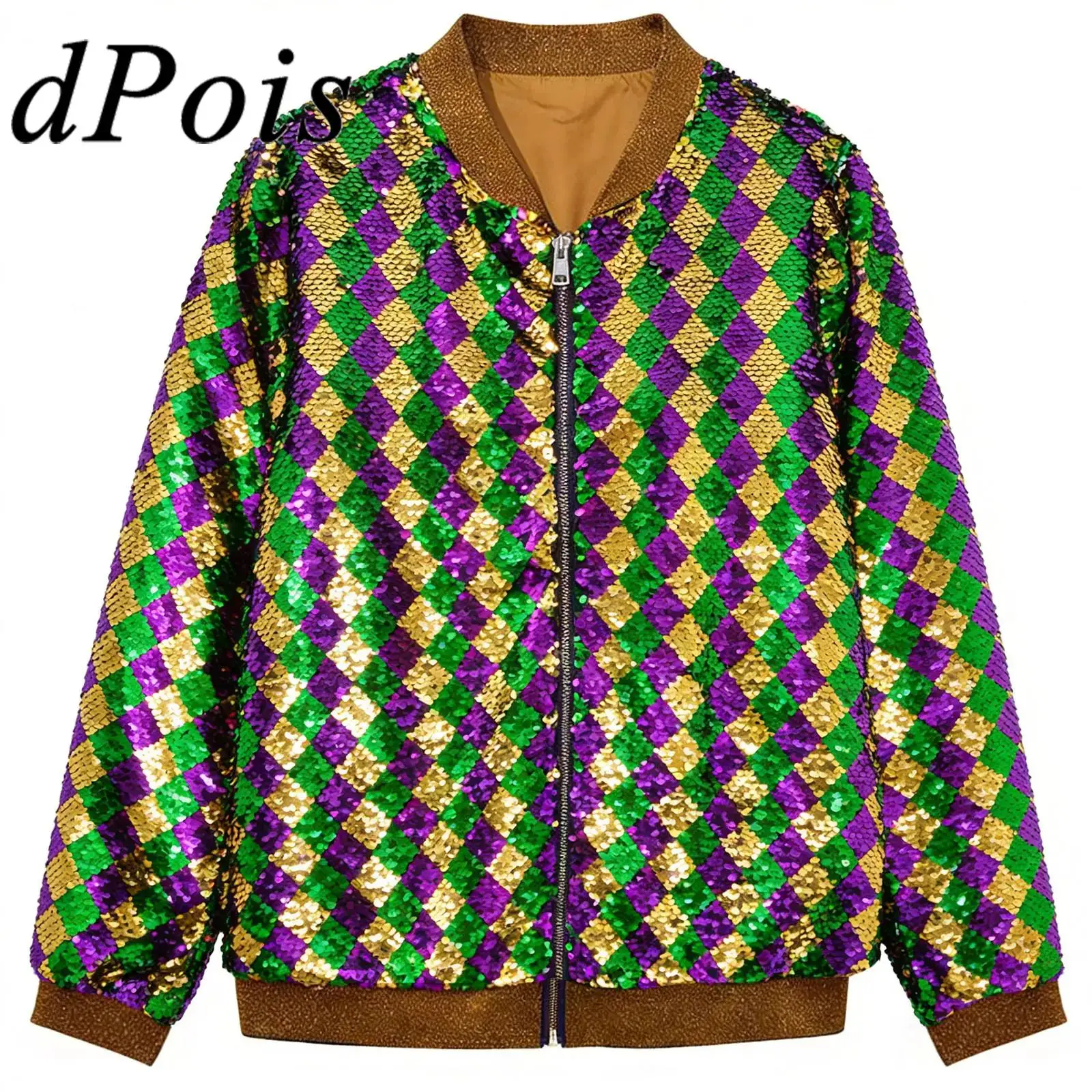 

Women Zipper Coat Bomber Jacket Outerwear for Mardi Gras Clubwear Jackets Jazz Dance Sequin Jacket Disco Outfit Sequins Coats