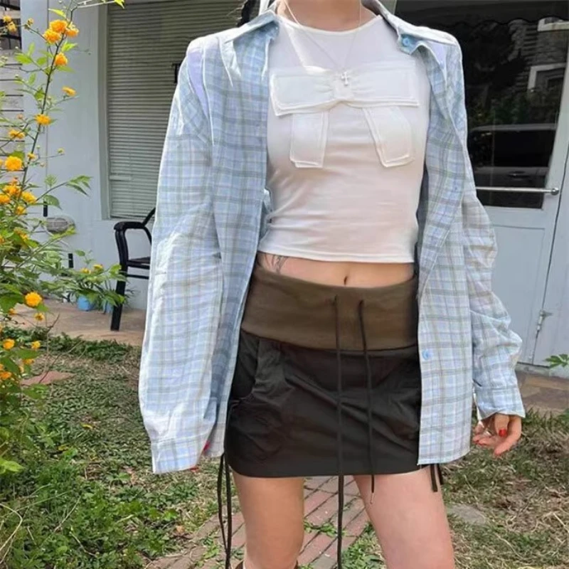 Turn Down Collar Single-breasted Loose Long-sleeved Shirt Women 2025 Summer New Korean Contrast Color Plaid Casual Tops
