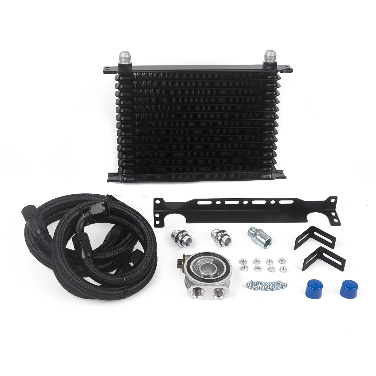 15 Reihen 1 Set T-MODEL Ölkühler-Set + Thermostat-Ölfilter-Sandwich-Adapter + geflochtener AN10-Schlauch aus Nylonstahl + Montagehalterung