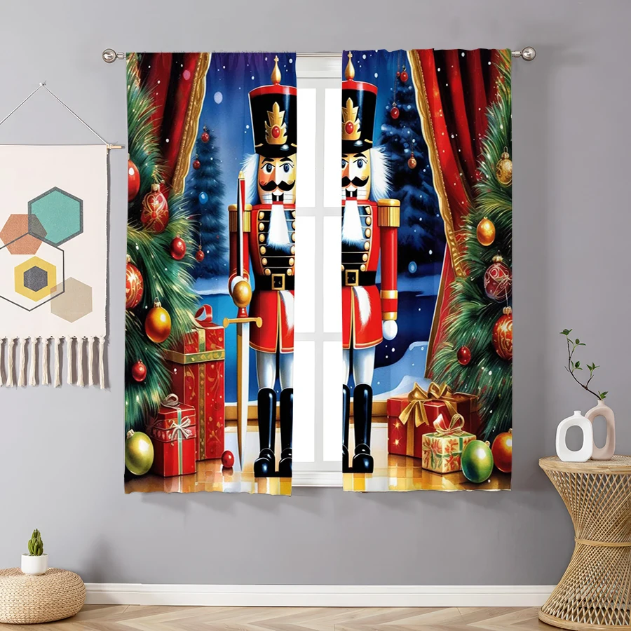2PCS Christmas Winter Curtains, Nutcracker Soldier Christmas Tree, Digital Print, Bedroom Living Room, Home Decor Window Drapes