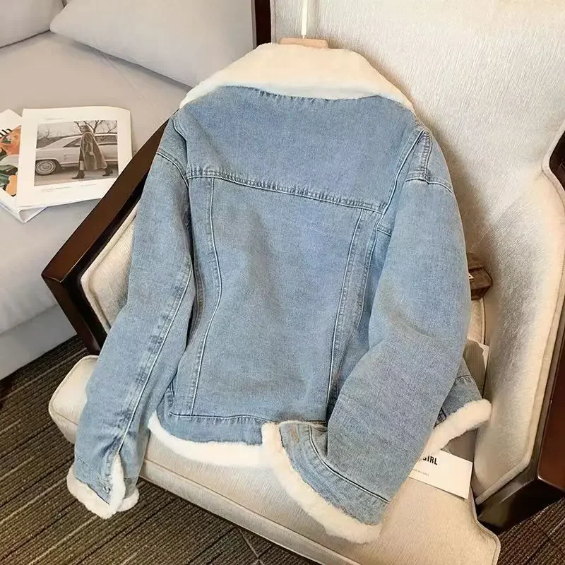 Winter Thicken Denim Jacket Women Two Sides Wearing Lamb Wool Outwear Female Loose Casual Warm Coat Lady POLO Collar Long Sleeve