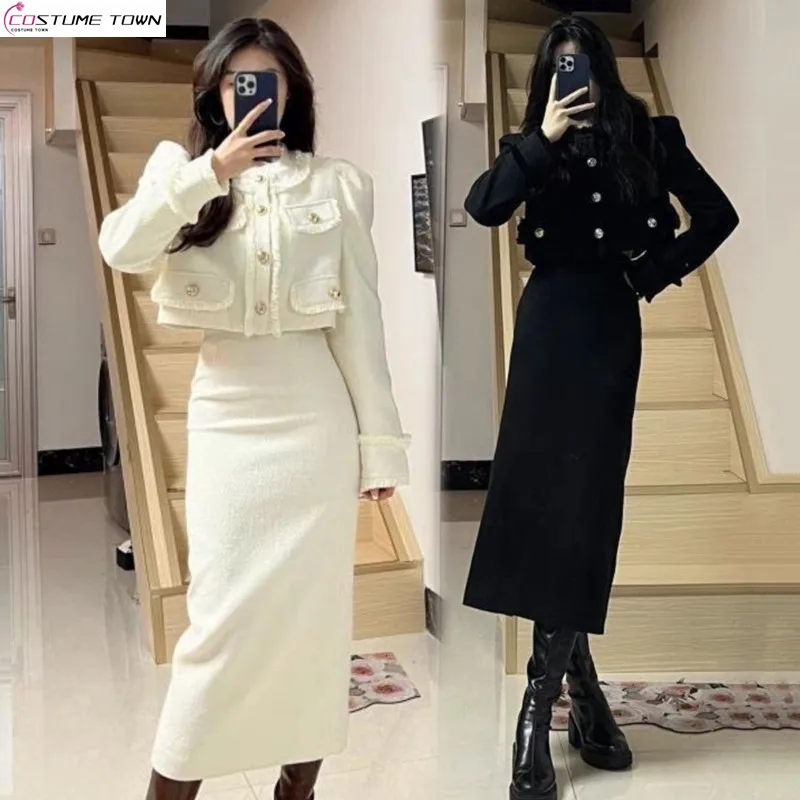 

Large Size Small Fragrant Wind Two-piece Set for Women's Spring Light Luxury Socialite Short Jacket+back Slit Skirt Set