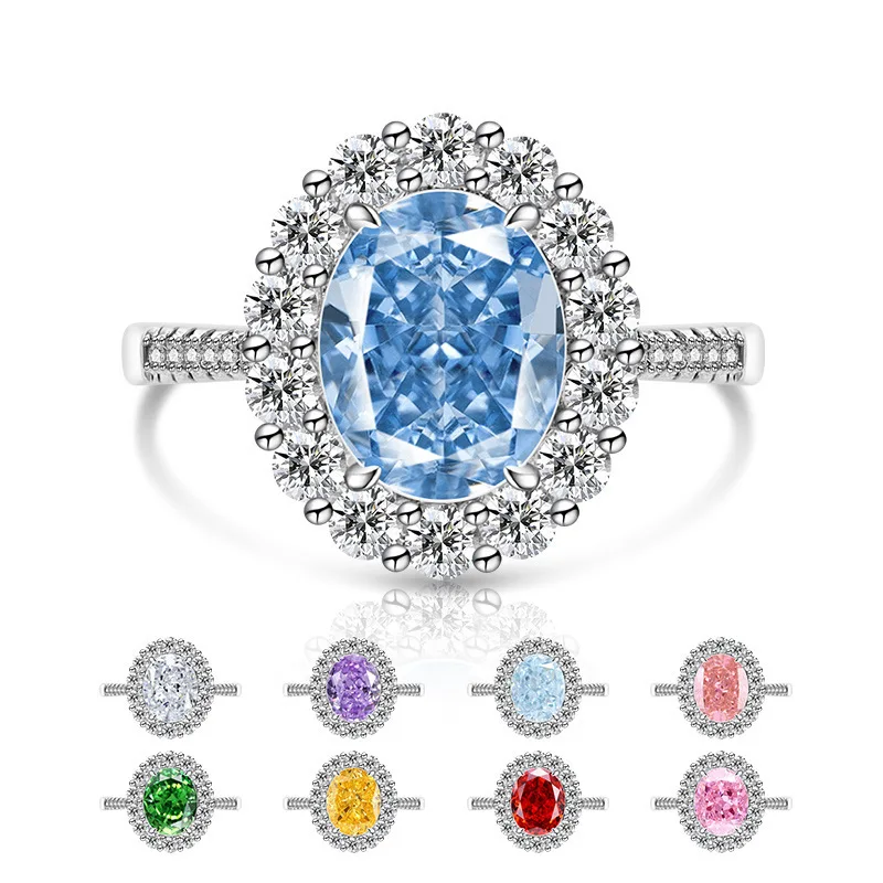 

925 Sterling Silver Fire Color Clear Elegant Ice Flower Cut Pigeon Egg Crystal Zircon Ring Ladies Wedding Proposal