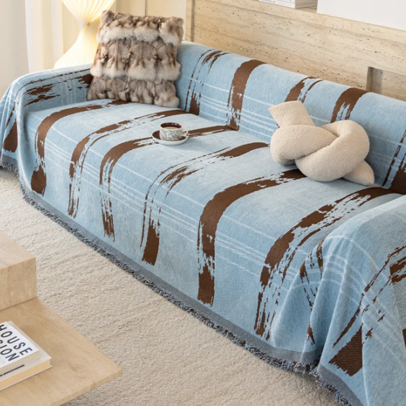 High-End Striped Blue Tassel Sofa Cover Contrast Chenille Wear-Resistant Sofa Towel Living Room Couch Protector for Four Seasons
