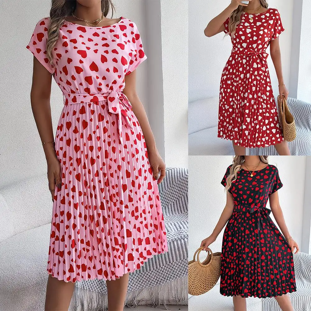 

Vntine's Day Gift Casual Contrast Color Love Heart ort Sve Waist Cinched Pleated Dr Cross-Border Women's Wear