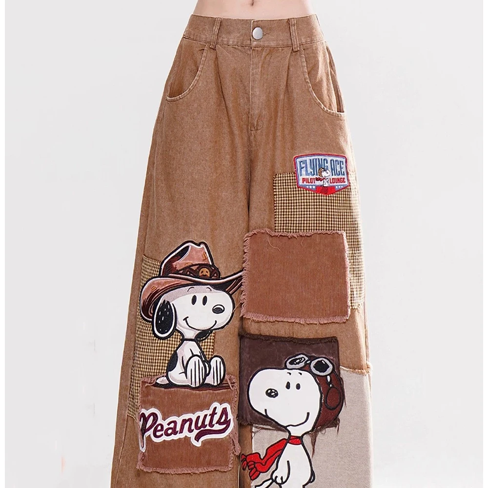Y2K Retro Snoopy Peanut Loose Denim Pants High Waisted Wide Leg Jeans with Cute Cartoon Patch Design Hip-Hop Street Fashion Pant
