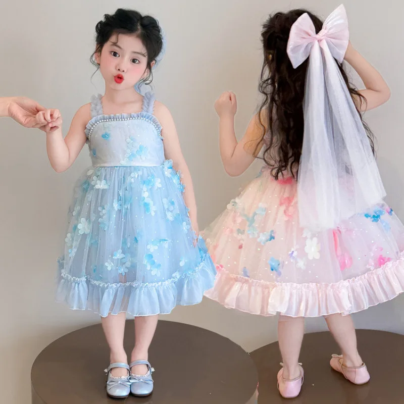 Girls summer colorful suspender mesh cake skirt children's foreign style vest mesh cake dress children's skirt