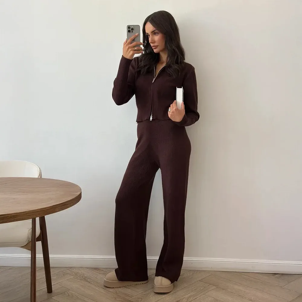 Осенне-зимний женский вязаный брючный костюм, модный милый однотонный толстый теплый кардиган, свитер, повседневные вязаные широкие брюки, 2 шт.