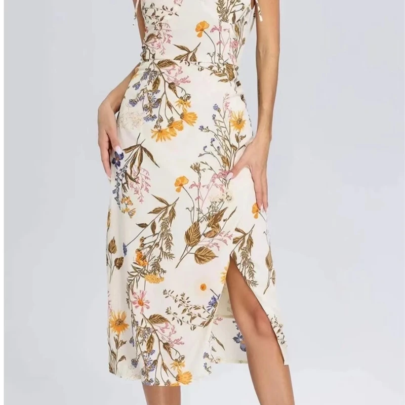 ใหม่ดอกไม้SuspenderแยกSlimแขนกุดPatry Beachสไตล์สปาเก็ตตี้ชุดเสื้อผ้าผู้หญิงภาษาฝรั่งเศสคําElegant Dress 2025