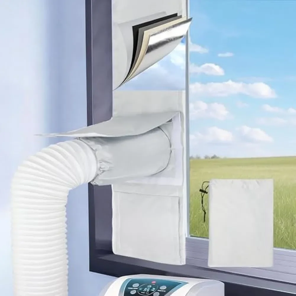 Portable AC Window Seal Fabric with Foldable Construction and Binder-Based Attachment for Reusable Installation