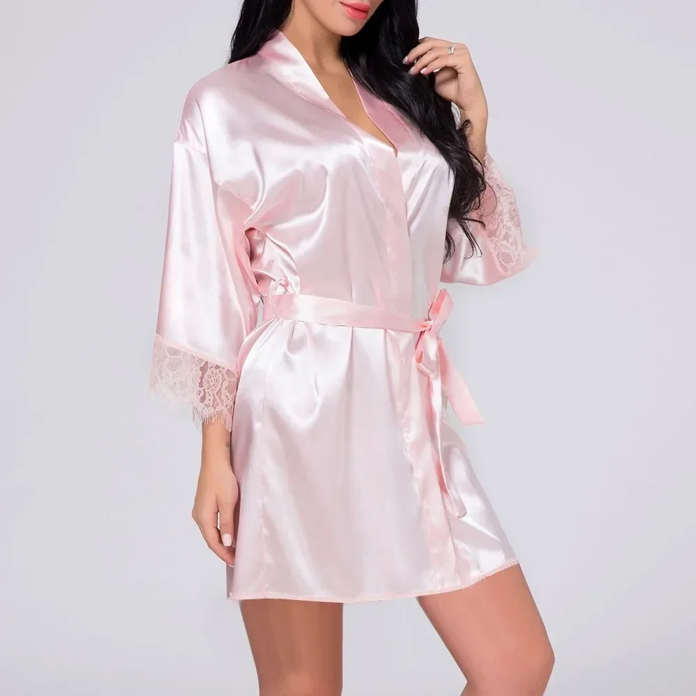 Women Sexy Ice Silk Lingerie Satin Robes With Belt Kimono Sleepwear Solid Long Sleeve Lace Nightdress Comfortable Nightwear