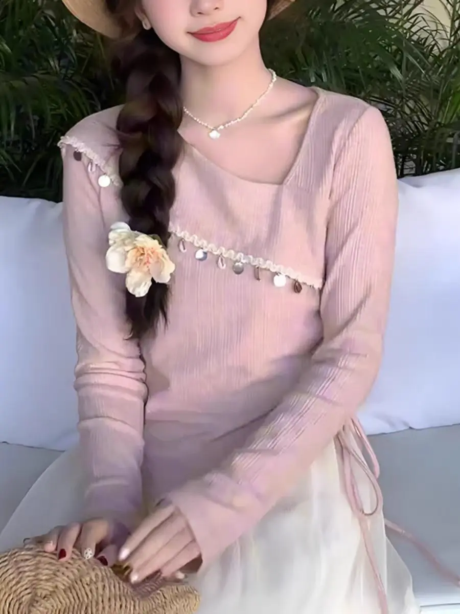 

Sweet and Cute Style Pink Irregular Slant Neck Long Sleeve Women's T-shirt Spring and Autumn Sparkling Lace Trendy Women's Top