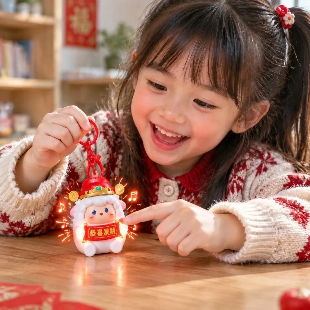 LED Light New Year Keychain Plastic Material Cartoon Design Sounding Sheep Pendant Audio Sound Bright Colors Cute Bag Charm