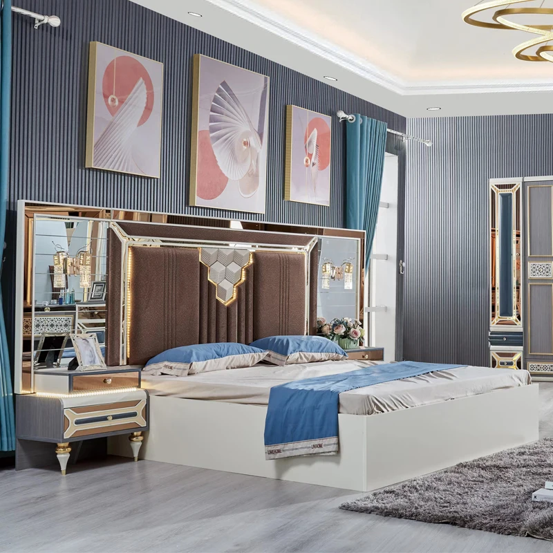 &Modern Design Mirrored Headboard Queen Size Double Upholstered Bed Room Suite Luxury Wood King Bedroom Furniture Set