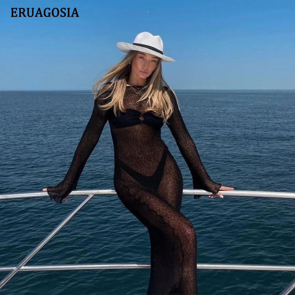 Sexy See-Through Cover-ups Long Sleeve Cover Up For Women 2024 New Beach Dress Vacation Dresses Female Beachwear saida de praia