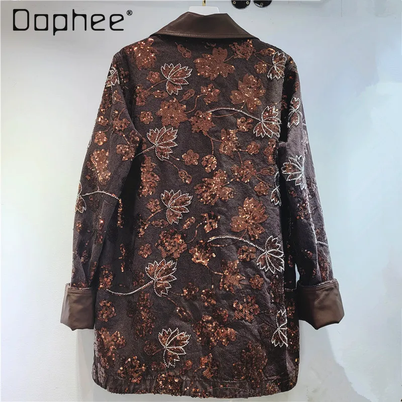 European Station Spring New Fashion Splicing Sequin Embroidered Denim Jacket Women Heavy Industry Bead PU Leather Splicing Coat