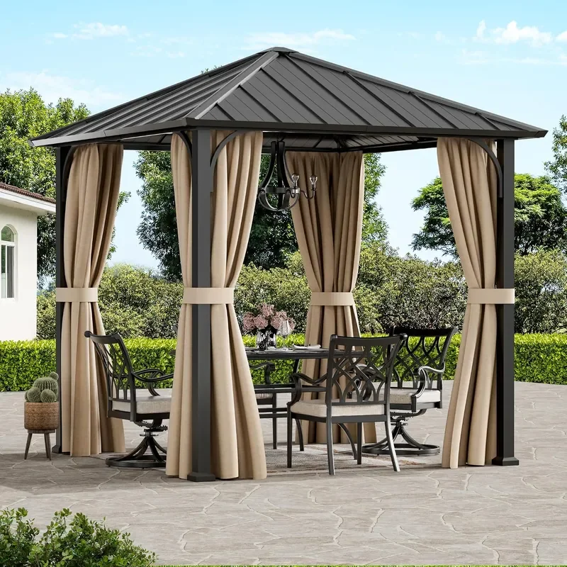 Modern Shade Hardtop Gazebo 8x8 with Privacy Curtains for Backyard Black