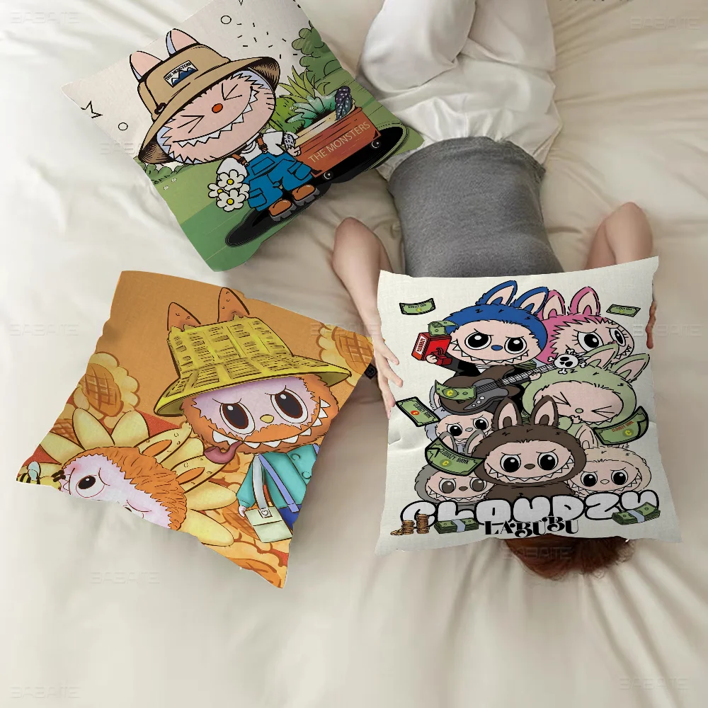 New Kawaii Cute L-Labubu Pillow Case  Car Throw Pillow Case For Sofa Car Christmas Gift 40x40cm 45x45cm