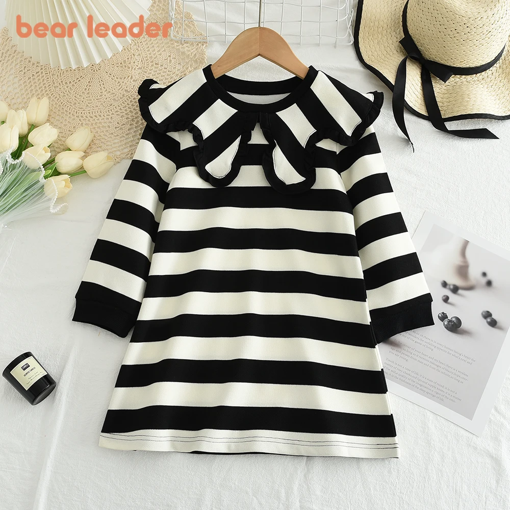 Bear Leader Autumn Black and White Striped Lapel Dress Long Sleeved T-shirt Dresses Spring Children's Clothing Girls' Clothing