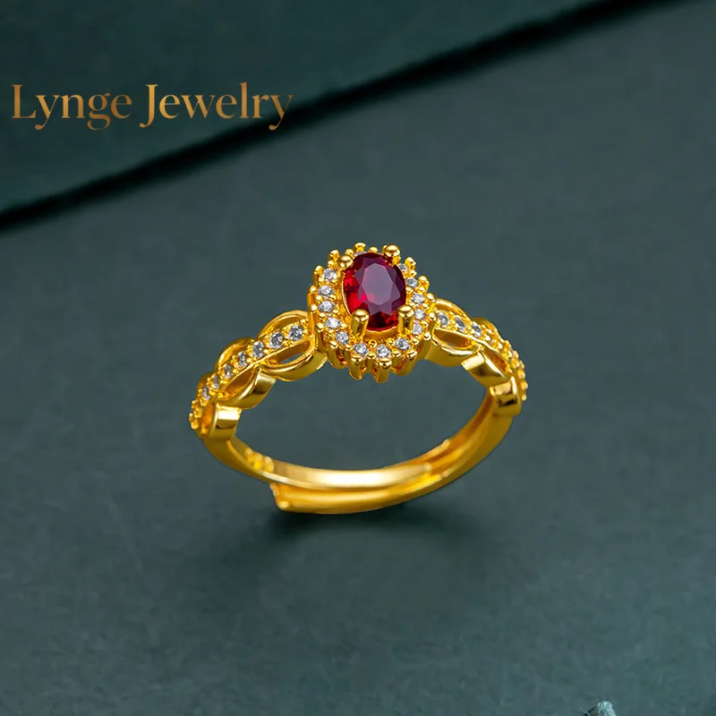 Lynge Jewelry Luxury 24K 9999 Pure Gold real gold Vintage Lace Red Diamond Women's Ring Adjustable Women's Ring for Lover Gift