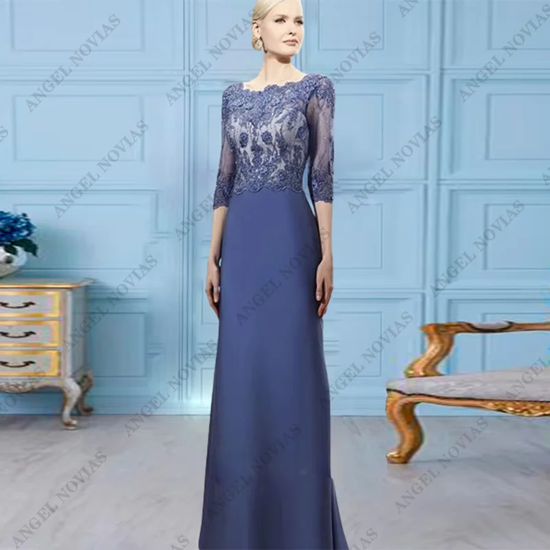 Disesuaikan putri duyung biru ibu dari gaun pengantin Formal Satin elegan renda setengah lengan dengan applique gaun malam