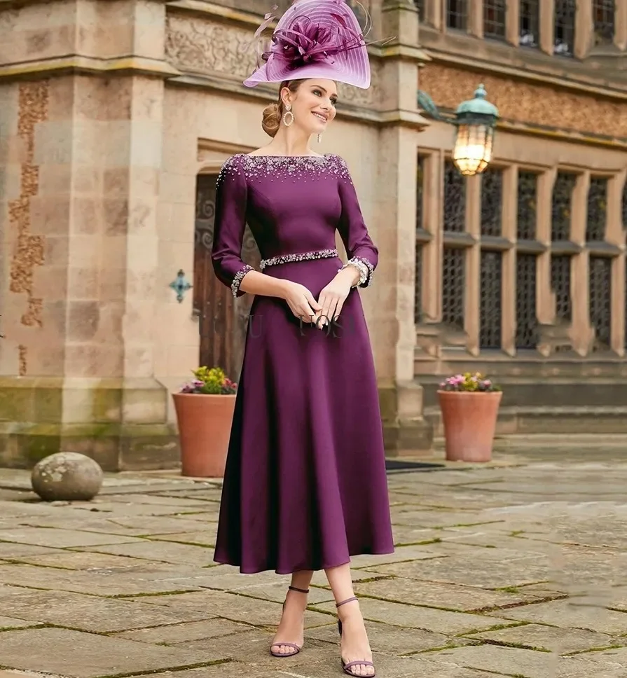 

Elegant Grape Mother of the Bride Prom Dresses Jewel Neck 3/4 Sleeves Wedding Guest Party Gowns Beads Tea-Length Evening Dress