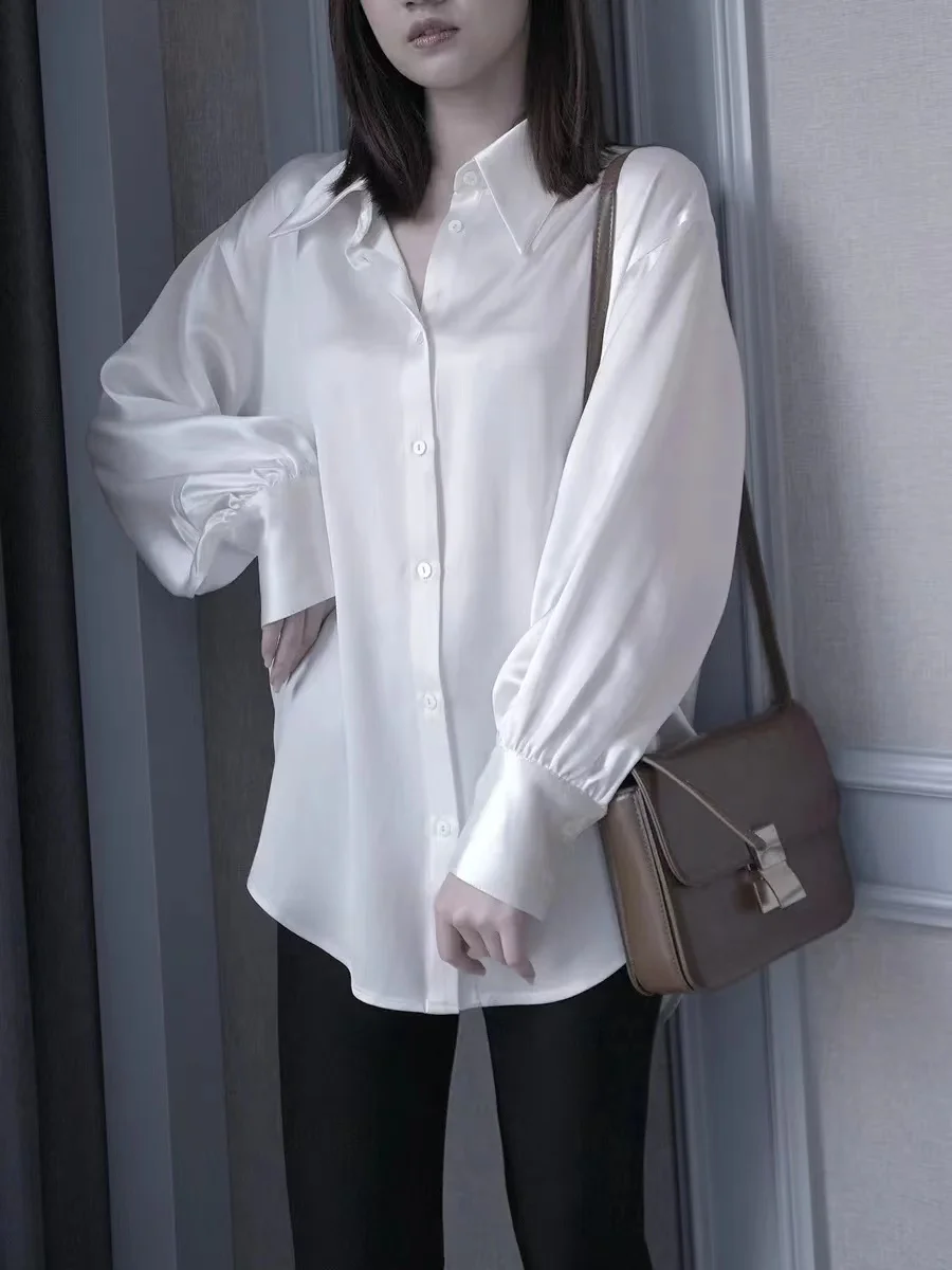 Spring 2024 Women's Loose Long Sve Silk Satin Busin irt Tee Acetate Ele Drapey Top Korean Sle Collar But...