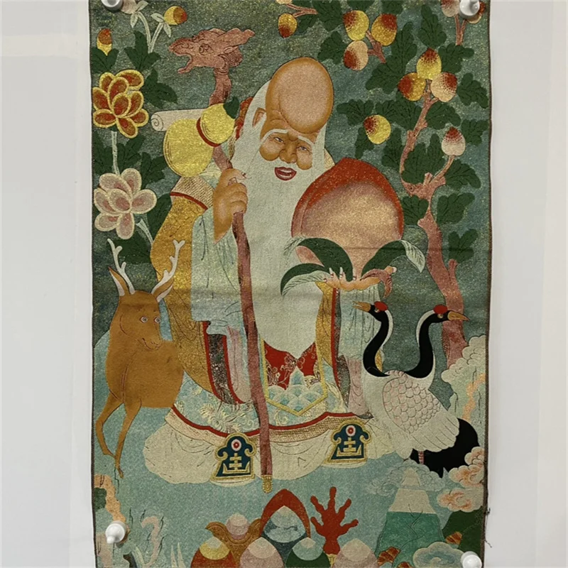 Chinese Antique Silk Brocade Tangka Painting Map - Embroidery Wall Art Home Decor Featuring the God of Longevity