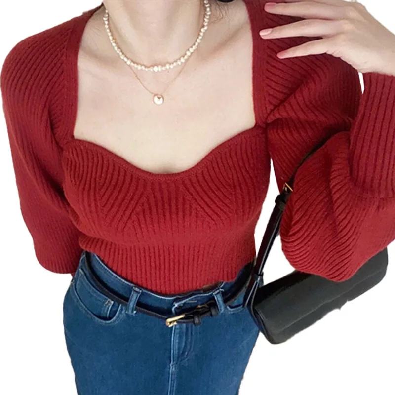 Red Square Collar Knitted Sweater Women 2024 Spring  Autumn French Style Retro Long Sleeved Top Slim Fit Versatile Pullover