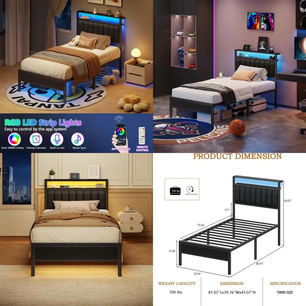 

Grey Twin Platform Bed with Charging Station, LED Lights, and Storage Shelves - No Box Spring Required