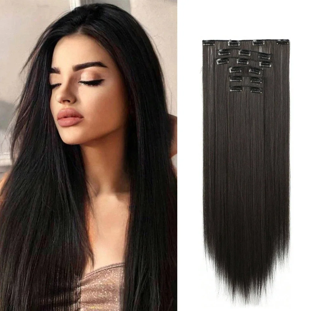 

Clip In Synthetic Hair Extensions Straight Hairpieces 6 Pcs/Set Heat Resistant Synthetic Fiber Full Head Clip In Hair Extension