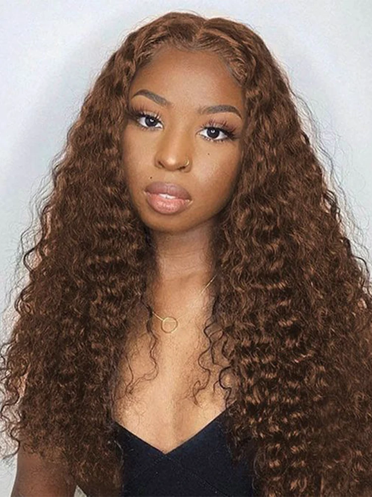 

Deep Curly Human hair Wigs Chocolate Brown13x6 Hd Lace Frontal Wig Colored Water Wave Lace Front Wig For Women 30 Inch